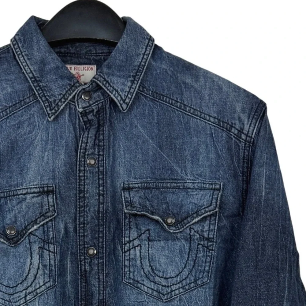 True Religion Western Denim Jean Pearl Snap Shirt Mens M Cotton Blue Great Fade